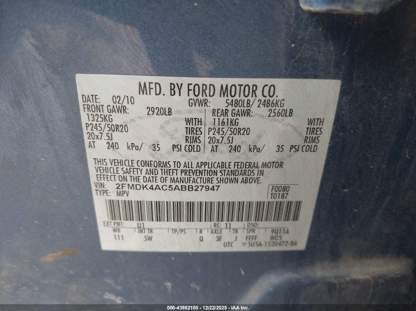 2010 Ford Edge Sport VIN: 2FMDK4AC5ABB27947 Lot: 43982100