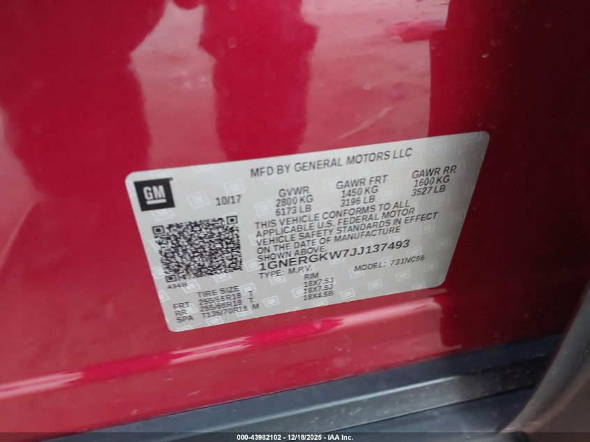 2018 Chevrolet Traverse 1Lt VIN: 1GNERGKW7JJ137493 Lot: 43982102