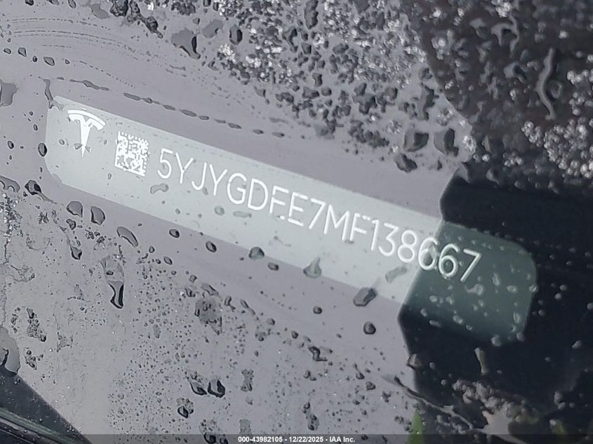 2021 Tesla Model Y Long Range Dual Motor All-Wheel Drive VIN: 5YJYGDEE7MF138667 Lot: 43982105