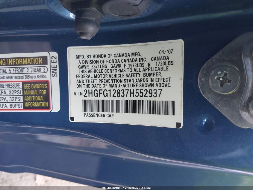 2007 Honda Civic Ex VIN: 2HGFG12837H552937 Lot: 43982109