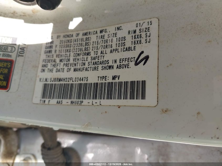 2015 Honda Cr-V Lx VIN: 5J6RM4H32FL034475 Lot: 43982112