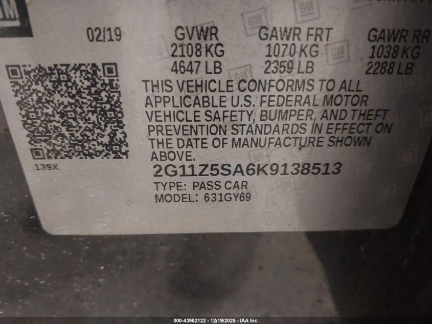 2019 Chevrolet Impala Lt VIN: 2G11Z5SA6K9138513 Lot: 43982122