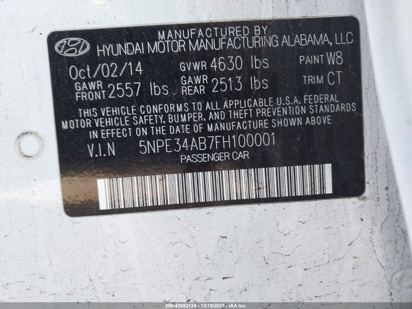 2015 Hyundai Sonata Sport 2.0T VIN: 5NPE34AB7FH100001 Lot: 43982124