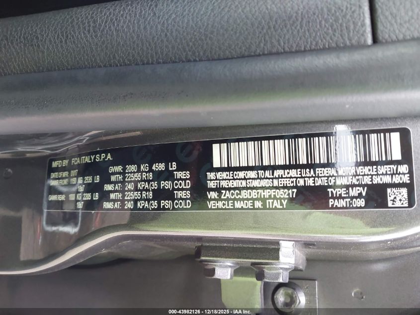 2017 Jeep Renegade Limited 4X4 VIN: ZACCJBDB7HPF05217 Lot: 43982126