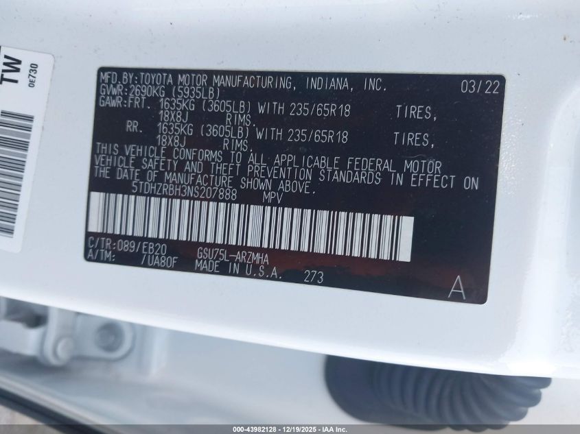 2022 Toyota Highlander Xle VIN: 5TDHZRBH3NS207888 Lot: 43982128