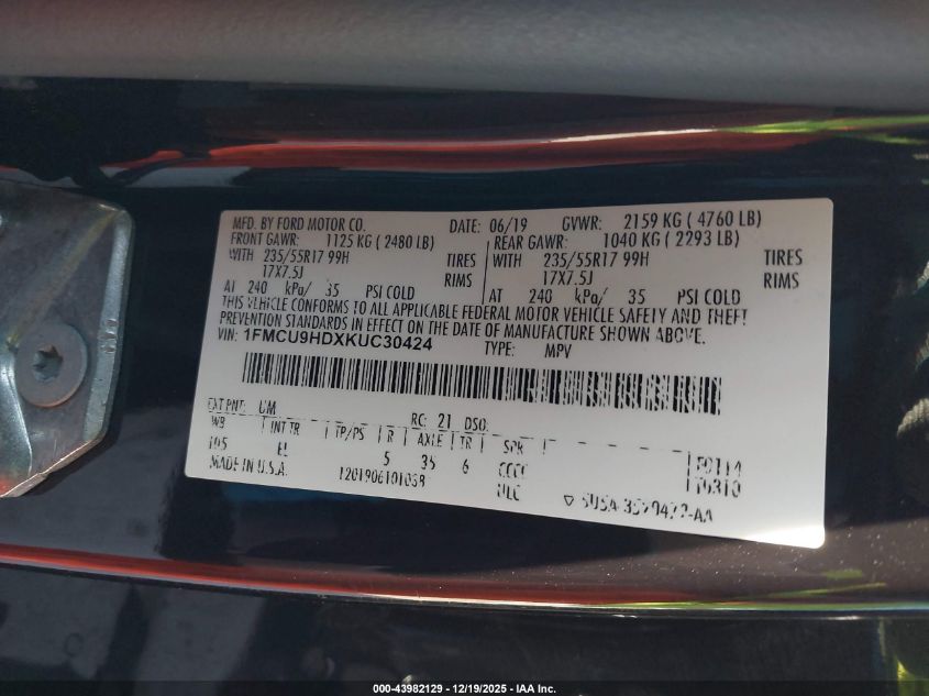 2019 Ford Escape Sel VIN: 1FMCU9HDXKUC30424 Lot: 43982129