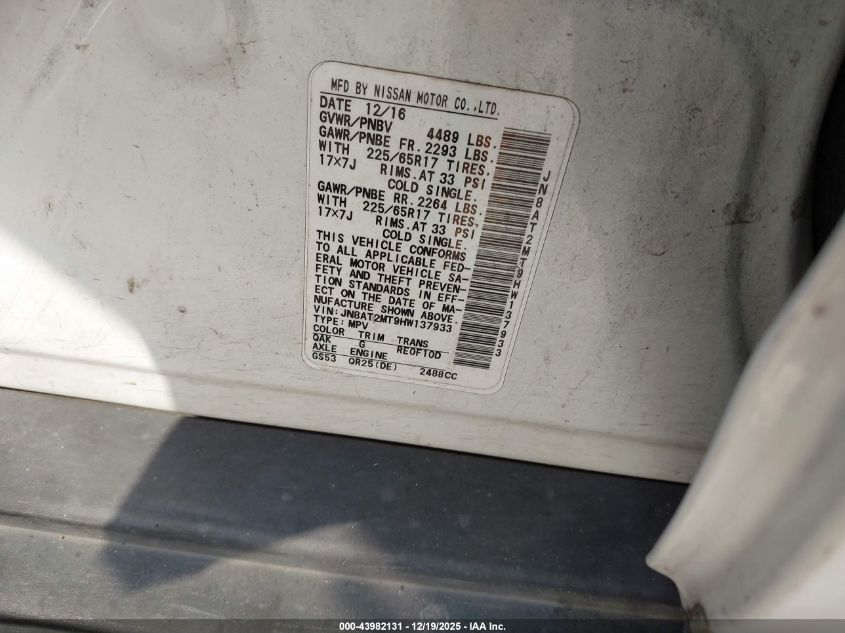 2017 Nissan Rogue S VIN: JN8AT2MT9HW137933 Lot: 43982131