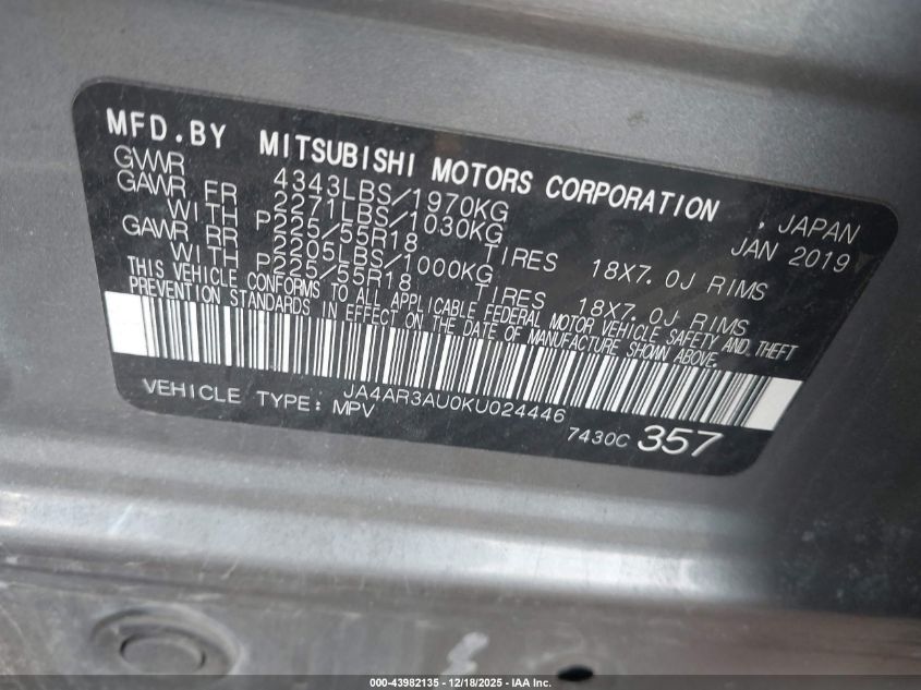 2019 Mitsubishi Outlander Sport 2.0 Es VIN: JA4AR3AU0KU024446 Lot: 43982135