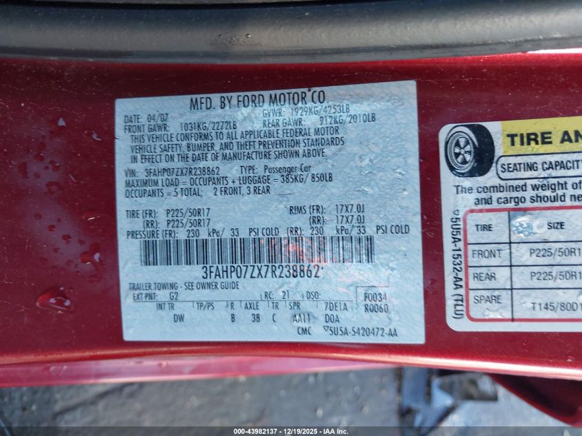2007 Ford Fusion Se VIN: 3FAHP07ZX7R238862 Lot: 43982137