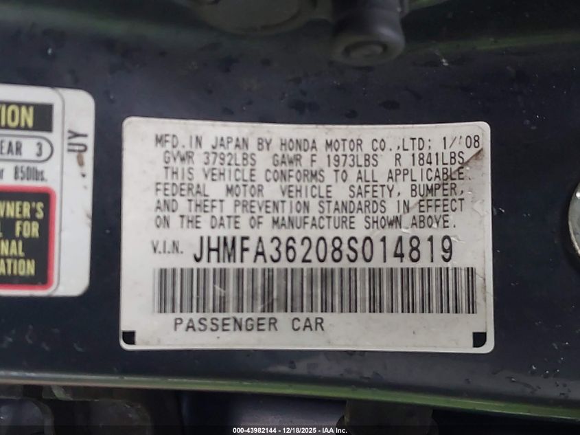 2008 Honda Civic Hybrid VIN: JHMFA36208S014819 Lot: 43982144