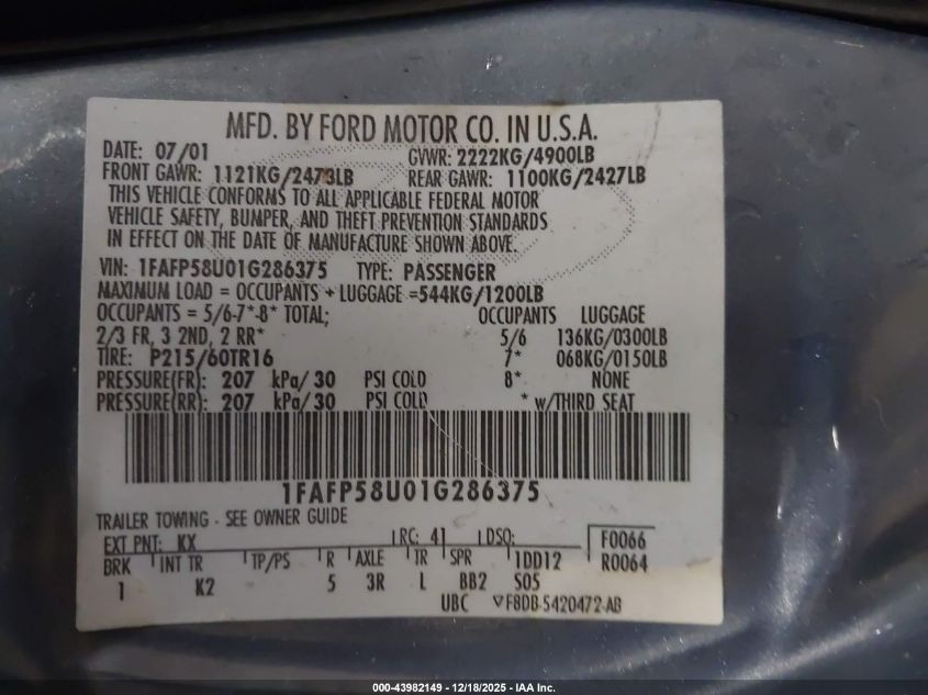 2001 Ford Taurus Se VIN: 1FAFP58U01G286375 Lot: 43982149