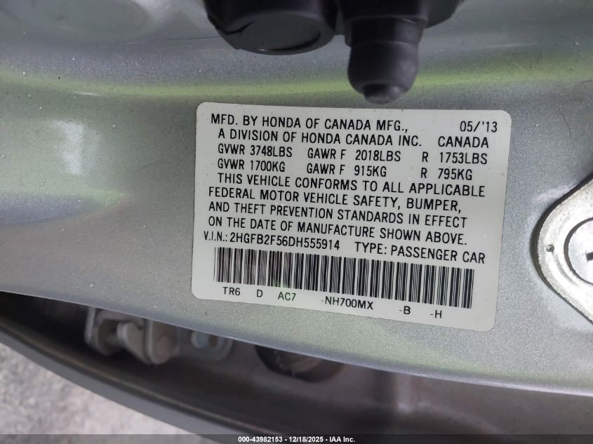 2013 Honda Civic Lx VIN: 2HGFB2F56DH555914 Lot: 43982153