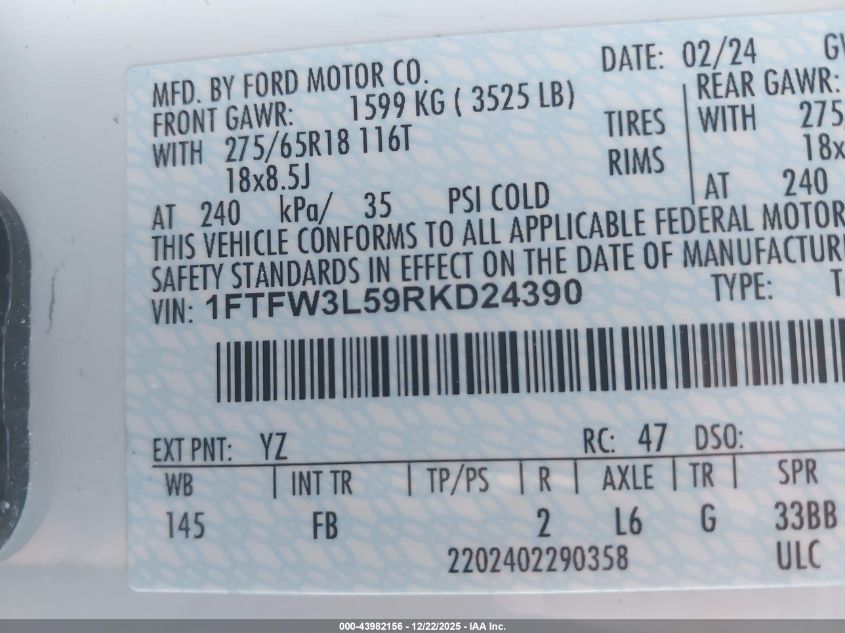 2024 Ford F-150 Xlt VIN: 1FTFW3L59RKD24390 Lot: 43982156