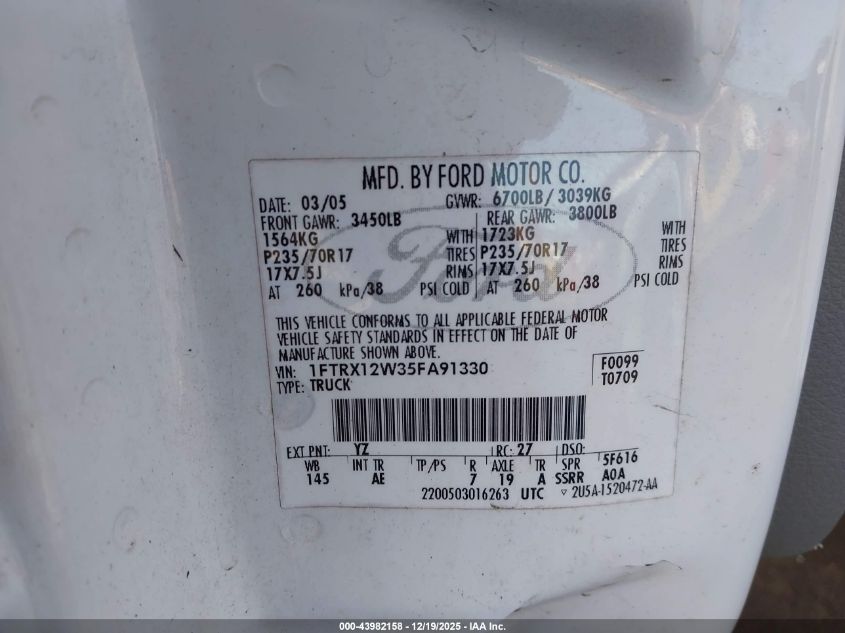 2005 Ford F-150 Stx/Xl/Xlt VIN: 1FTRX12W35FA91330 Lot: 43982158