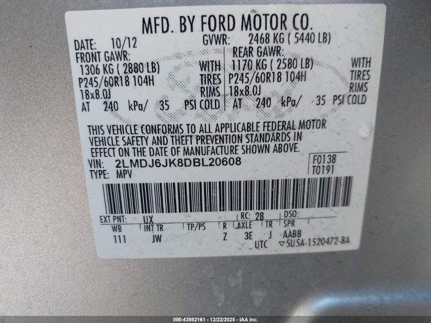 2013 Lincoln Mkx VIN: 2LMDJ6JK8DBL20608 Lot: 43982161