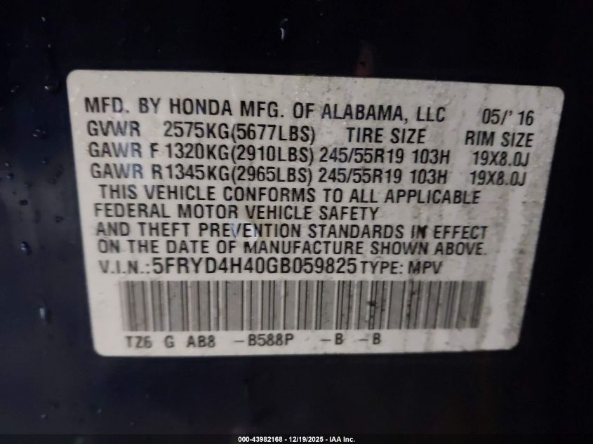 2016 Acura Mdx Technology Acurawatch Plus Packages/Technology Package VIN: 5FRYD4H40GB059825 Lot: 43982168