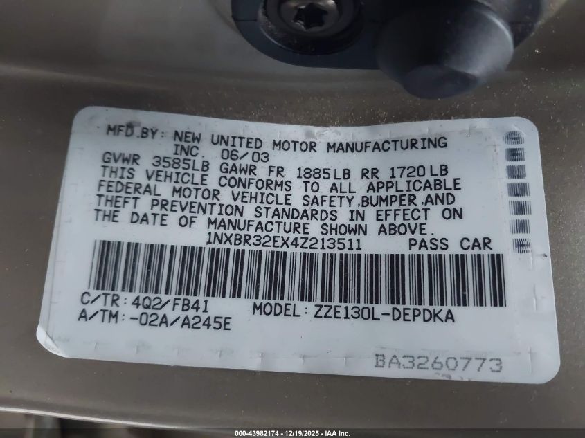 2004 Toyota Corolla Ce VIN: 1NXBR32EX4Z213511 Lot: 43982174