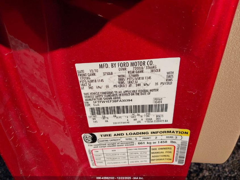 2011 Ford F-150 Lariat VIN: 1FTFW1EF3BFA30394 Lot: 43982183