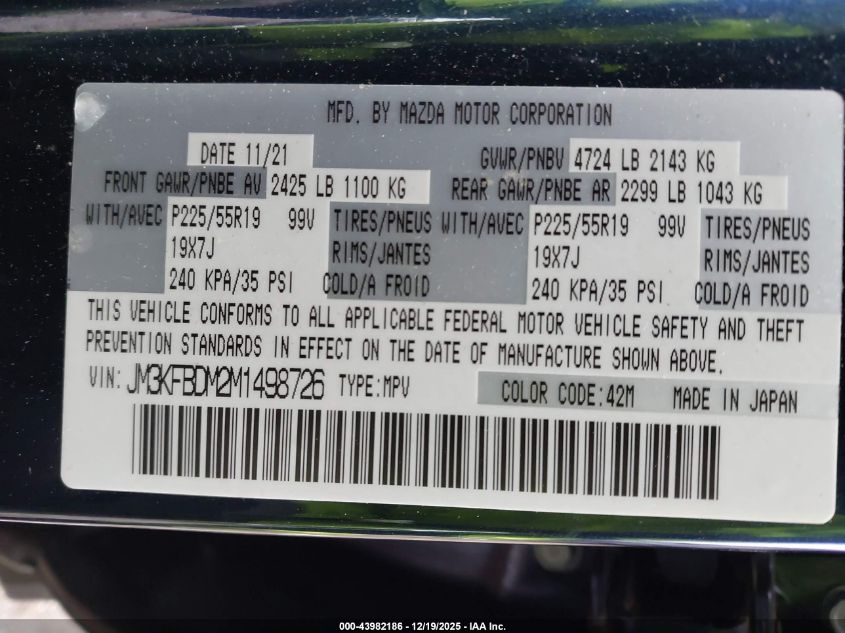 2021 Mazda Cx-5 Grand Touring VIN: JM3KFBDM2M1498726 Lot: 43982186