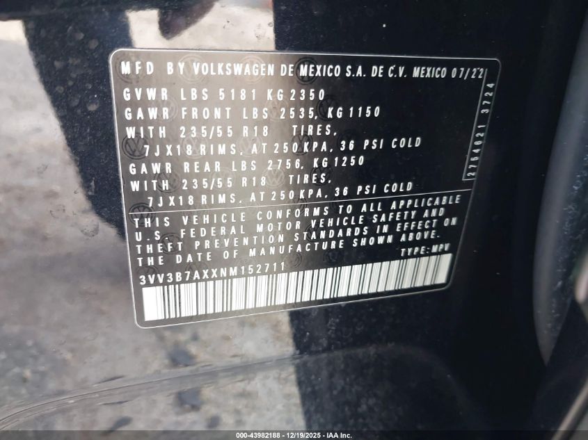 2022 Volkswagen Tiguan 2.0T Se VIN: 3VV3B7AXXNM152711 Lot: 43982188
