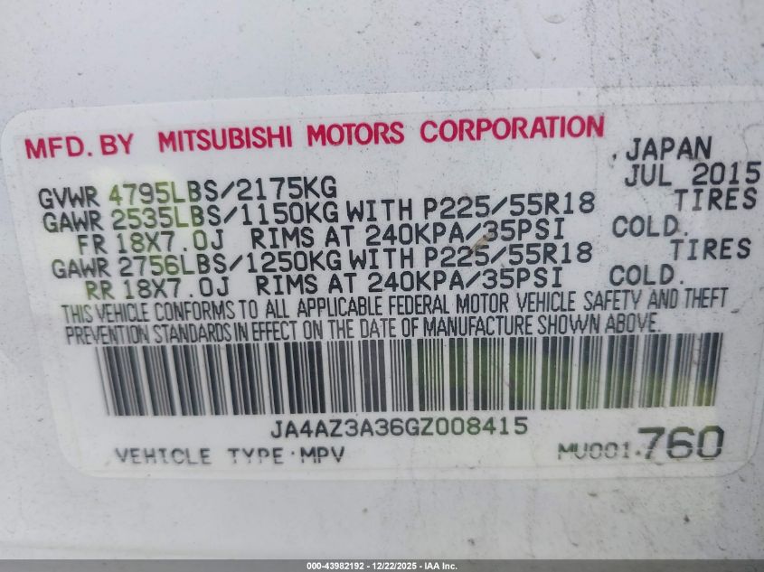 2016 Mitsubishi Outlander Sel VIN: JA4AZ3A36GZ008415 Lot: 43982192