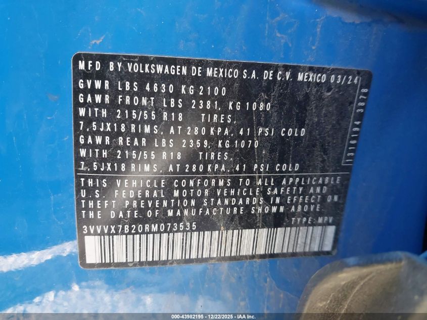 2024 Volkswagen Taos 1.5T Se VIN: 3VVVX7B20RM073535 Lot: 43982195