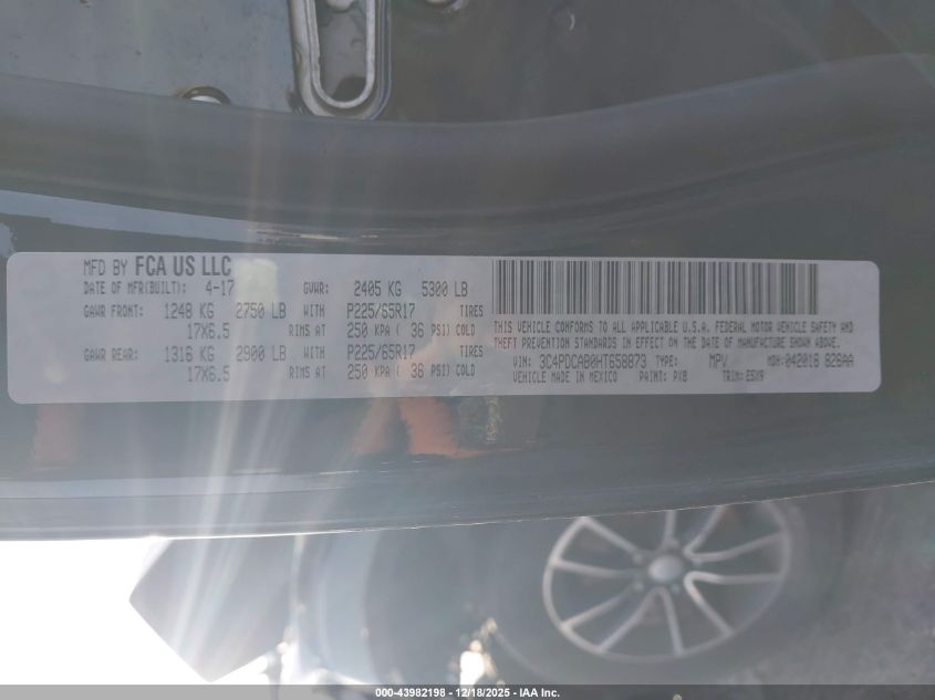 2017 Dodge Journey Se VIN: 3C4PDCAB0HT658873 Lot: 43982198