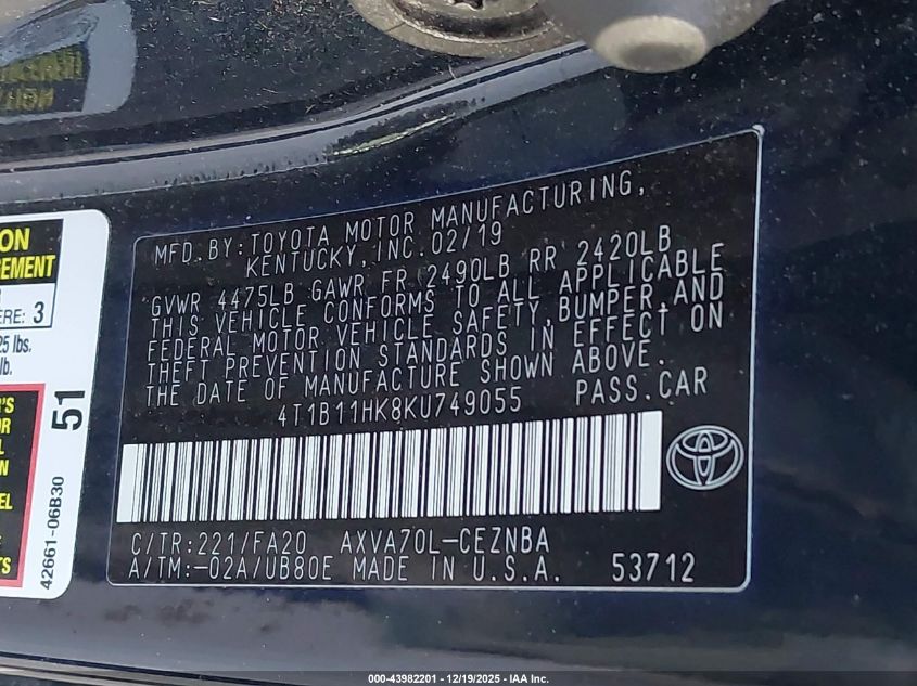 2019 Toyota Camry Le VIN: 4T1B11HK8KU749055 Lot: 43982201
