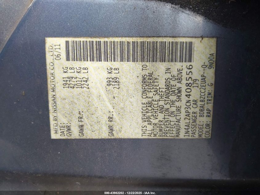 2012 Nissan Altima 2.5 S VIN: 1N4AL2AP3CN408556 Lot: 43982202