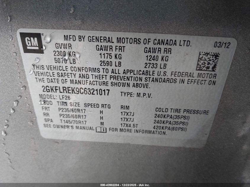 2012 GMC Terrain Sle-1 VIN: 2GKFLREK9C6321017 Lot: 43982204