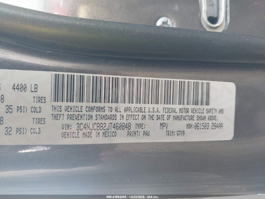 2018 Jeep Compass Altitude Fwd VIN: 3C4NJCBB2JT460848 Lot: 43982205