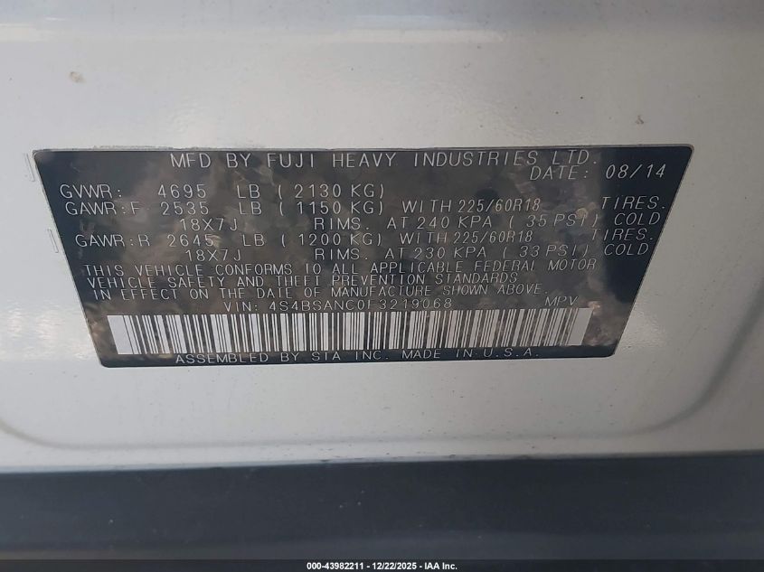 2015 Subaru Outback 2.5I Limited VIN: 4S4BSANC0F3219068 Lot: 43982211