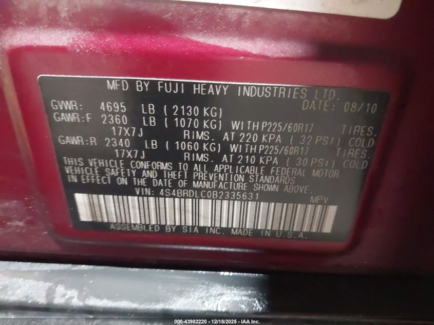 2011 Subaru Outback 3.6R Limited VIN: 4S4BRDLC0B2335631 Lot: 43982220