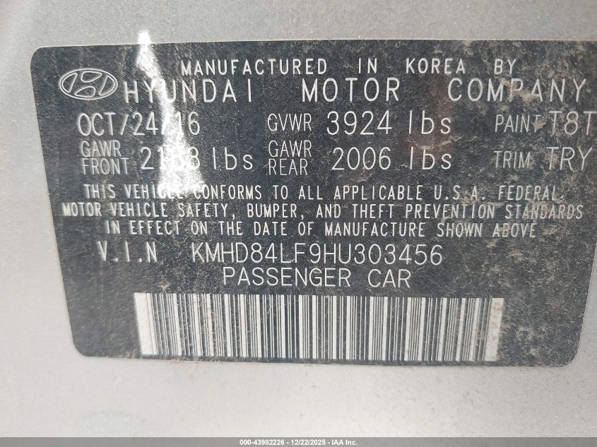 2017 Hyundai Elantra Limited VIN: KMHD84LF9HU303456 Lot: 43982226