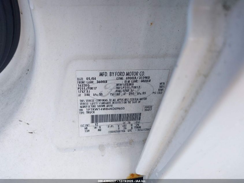 2004 Ford F-150 Xlt VIN: 1FTRW14W84KD09655 Lot: 43982227