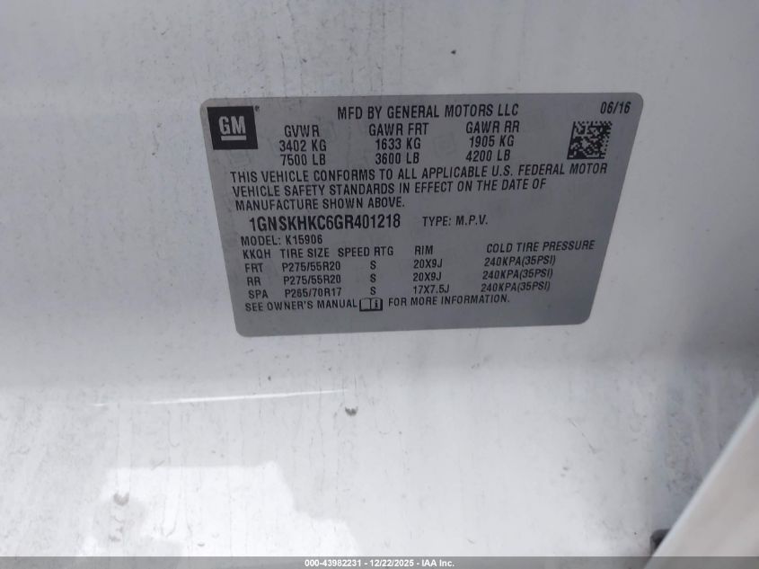 2016 Chevrolet Suburban Lt VIN: 1GNSKHKC6GR401218 Lot: 43982231