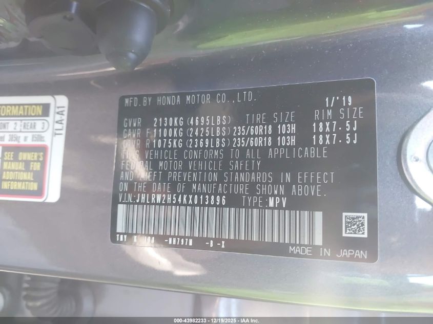 2019 Honda Cr-V Ex VIN: JHLRW2H54KX013896 Lot: 43982233