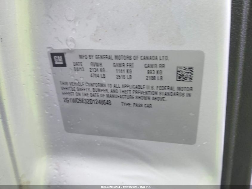 2013 Chevrolet Impala Ltz VIN: 2G1WC5E32D1248643 Lot: 43982234