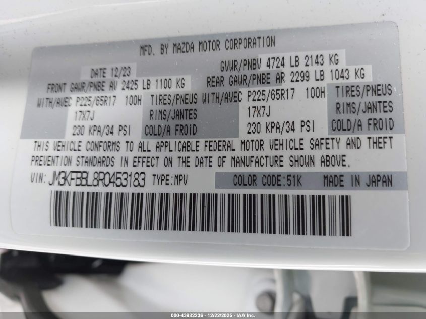 2024 Mazda Cx-5 2.5 S Select VIN: JM3KFBBL8R0453183 Lot: 43982236