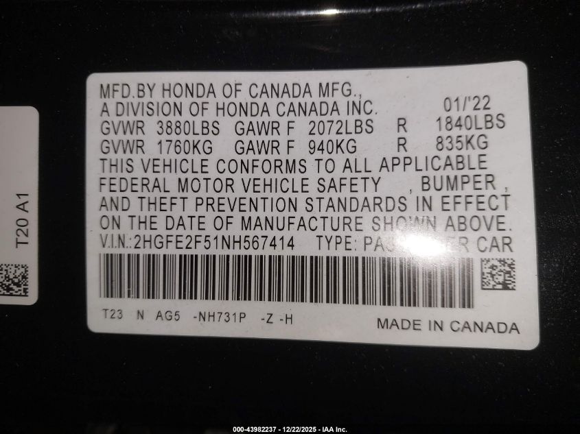 2022 Honda Civic Sport VIN: 2HGFE2F51NH567414 Lot: 43982237