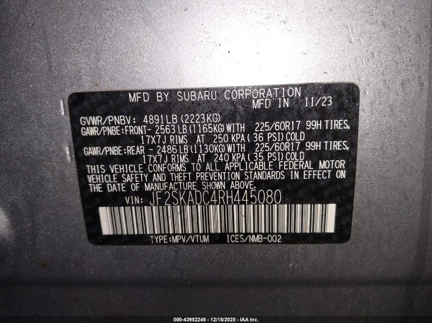 2024 Subaru Forester Premium VIN: JF2SKADC4RH445080 Lot: 43982246