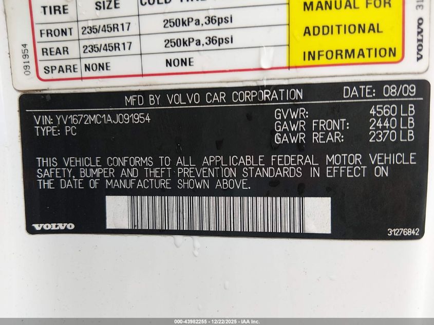 2010 Volvo C70 T5 VIN: YV1672MC1AJ091954 Lot: 43982255