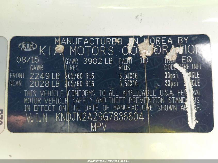 2016 Kia Soul VIN: KNDJN2A29G7836604 Lot: 43982256