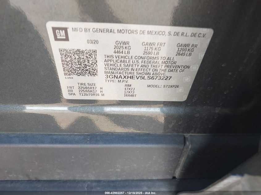 2020 Chevrolet Equinox Fwd Ls VIN: 3GNAXHEV5LS673227 Lot: 43982257