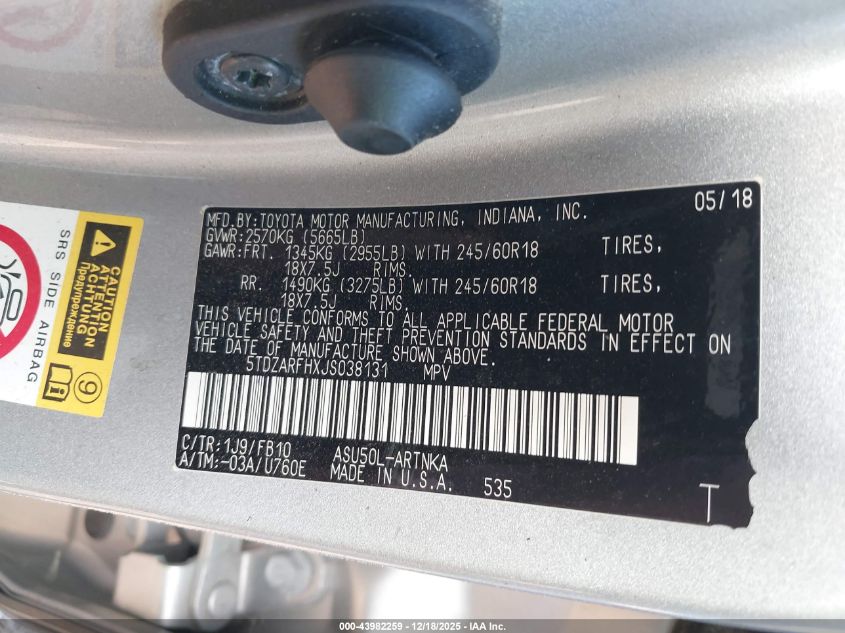 2018 Toyota Highlander Le VIN: 5TDZARFHXJS038131 Lot: 43982259