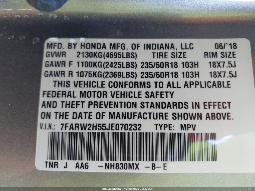 2018 Honda Cr-V Ex VIN: 7FARW2H55JE070232 Lot: 43982262