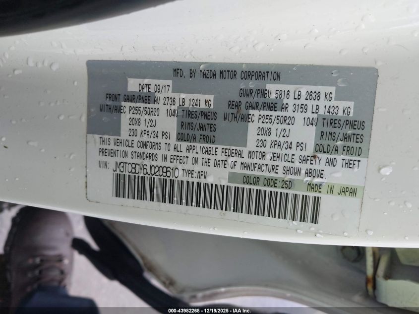 2018 Mazda Cx-9 Grand Touring VIN: JM3TCBDY6J0209610 Lot: 43982268