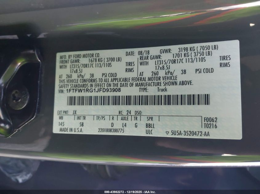 2018 Ford F-150 Raptor VIN: 1FTFW1RG1JFD93908 Lot: 43982272