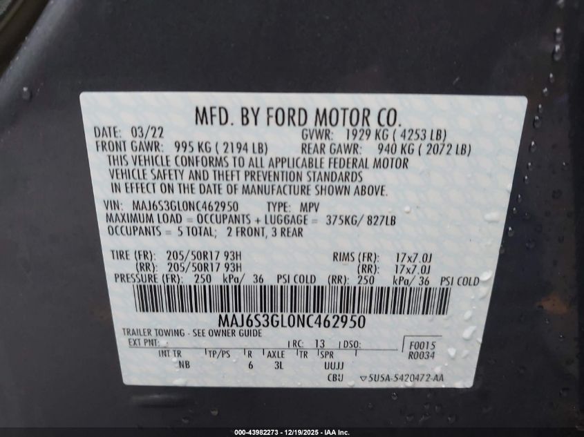 2022 Ford Ecosport Se VIN: MAJ6S3GL0NC462950 Lot: 43982273