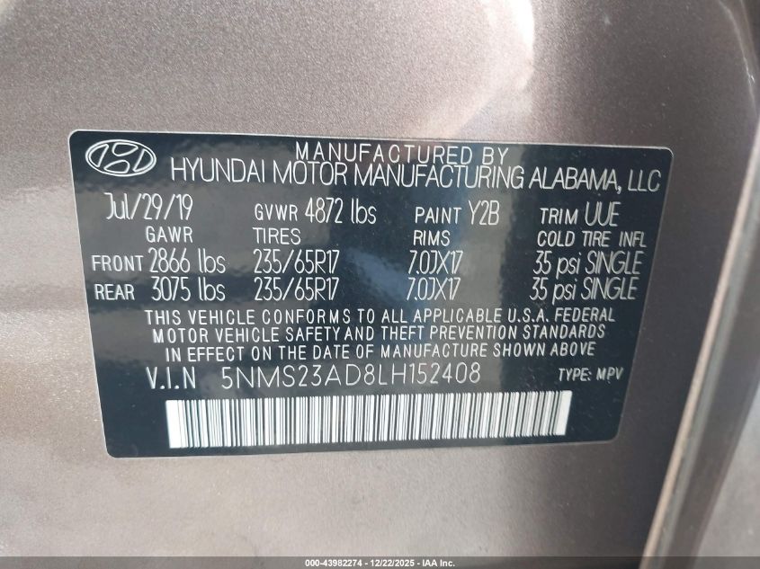 2020 Hyundai Santa Fe Se VIN: 5NMS23AD8LH152408 Lot: 43982274